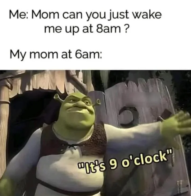 Me: Mom can you just wake me up at 8am ? My mom at 6am: "It's 9 o'clock"