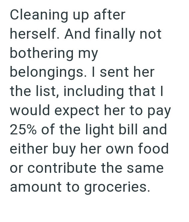 Cleaning up after herself. And finally not bothering my belongings. I sent her the list, including that I would expect her to pay 25% of the light bill and either buy her own food or contribute the same amount to groceries.