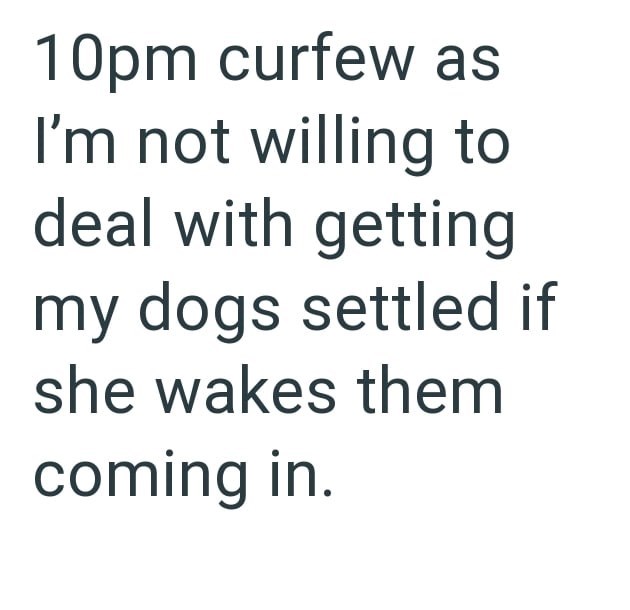 10pm curfew as I'm not willing to deal with getting my dogs settled if she wakes them coming in.