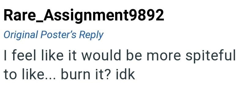 Rare Assignment9892 Original Poster's Reply I feel like it would be more spiteful to like... burn it? idk