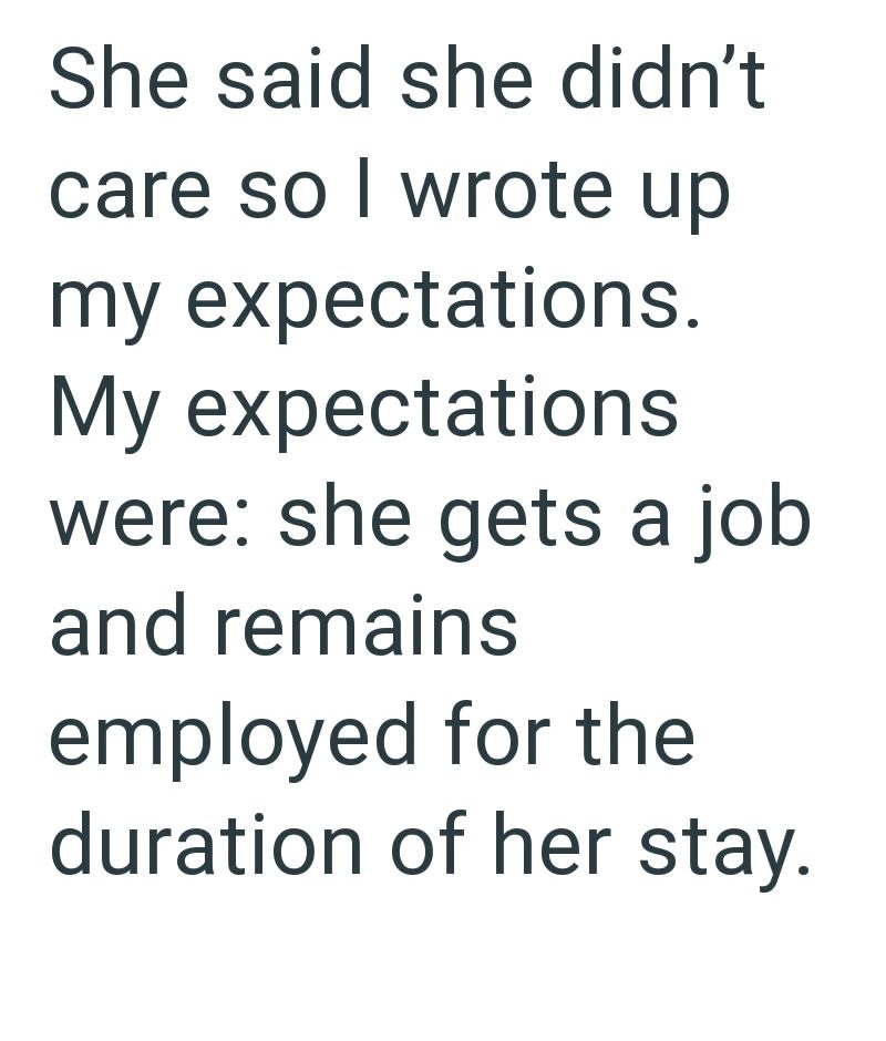 She said she didn't care so I wrote up my expectations. My expectations were: she gets a job and remains employed for the duration of her stay.