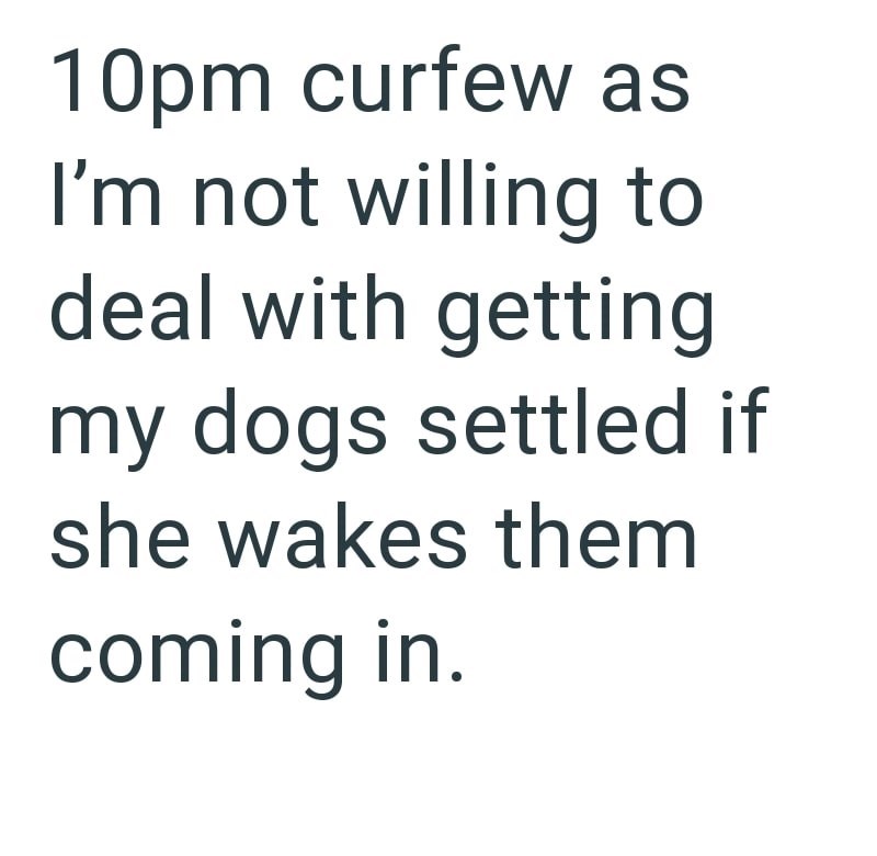 10pm curfew as I'm not willing to deal with getting my dogs settled if she wakes them coming in.