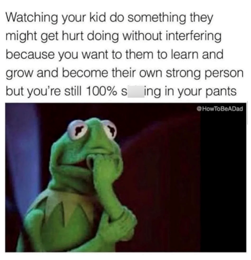 Watching your kid do something they might get hurt doing without interfering because you want to them to learn and grow and become their own strong person but you're still 100% sing in your pants HowToBeADad