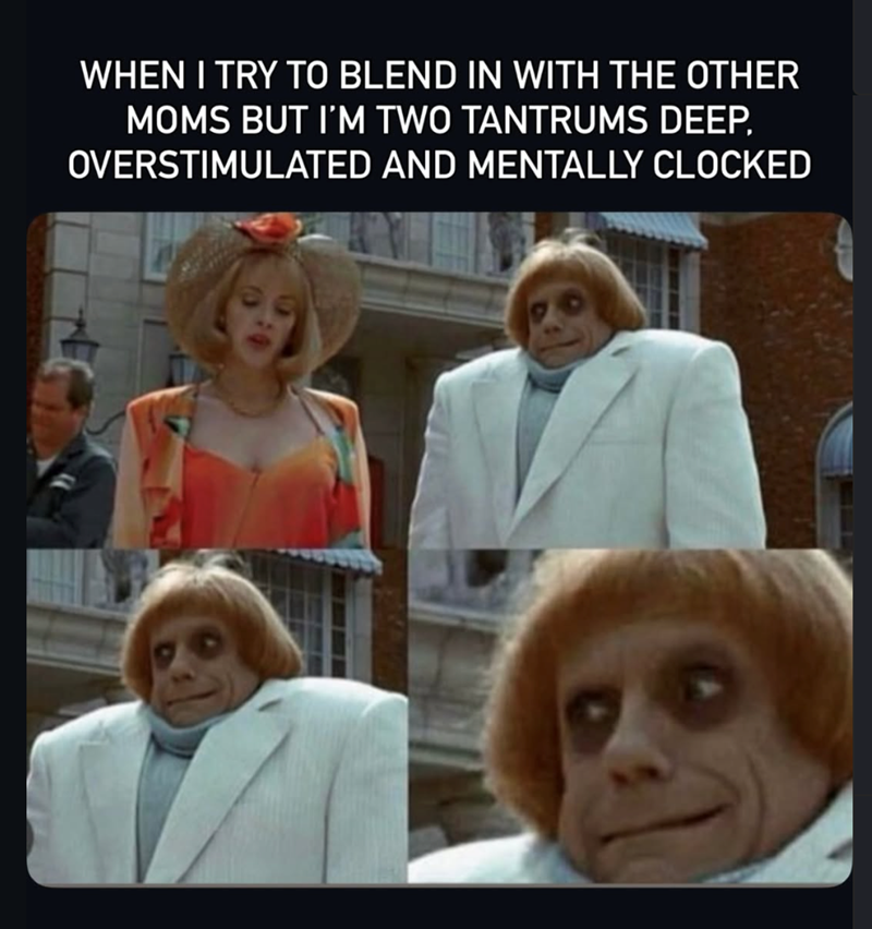 WHEN I TRY TO BLEND IN WITH THE OTHER MOMS BUT I'M TWO TANTRUMS DEEP, OVERSTIMULATED AND MENTALLY CLOCKED