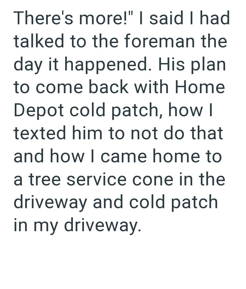 There's more!" I said I had talked to the foreman the day it happened. His plan to come back with Home Depot cold patch, how I texted him to not do that and how I came home to a tree service cone in the driveway and cold patch in my driveway.