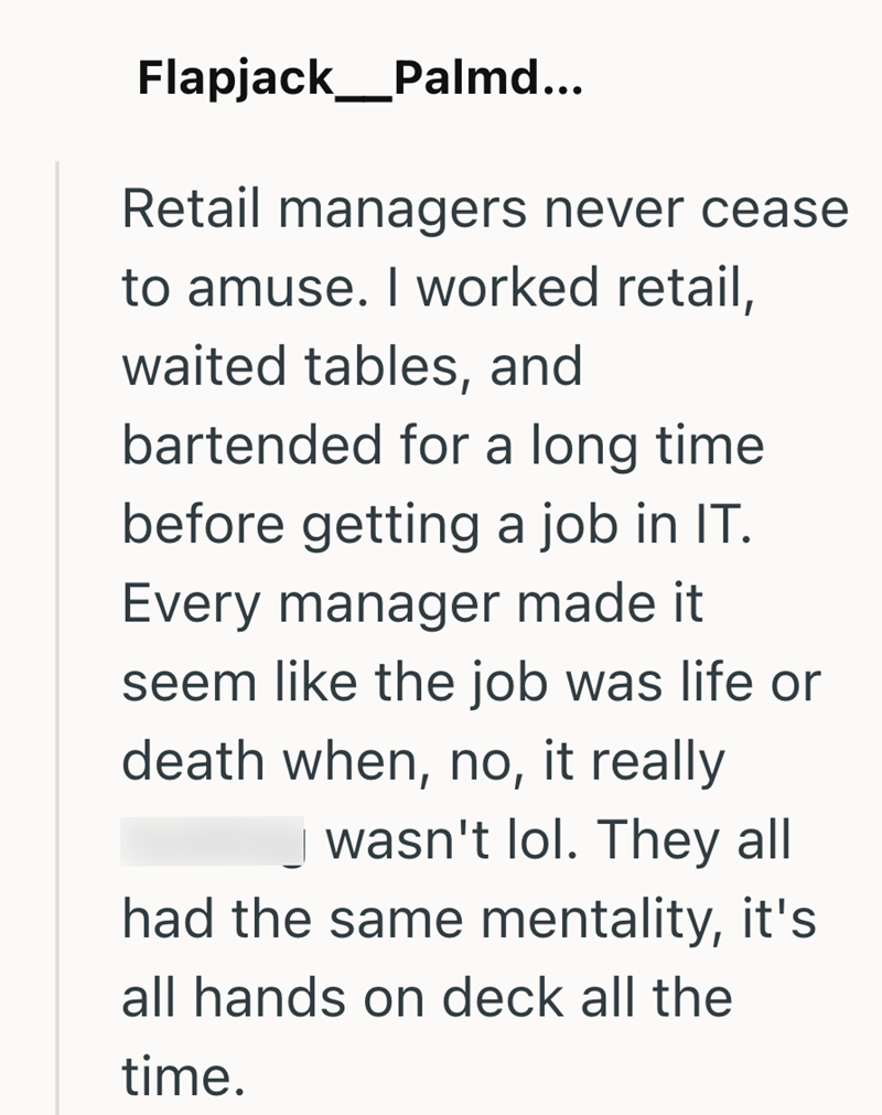 Flapjack_Palmd... Retail managers never cease to amuse. I worked retail, waited tables, and bartended for a long time before getting a job in IT. Every manager made it seem like the job was life or death when, no, it really wasn't lol. They all had the same mentality, it's all hands on deck all the time.