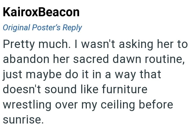KairoxBeacon Original Poster's Reply Pretty much. I wasn't asking her to abandon her sacred dawn routine, just maybe do it in a way that doesn't sound like furniture wrestling over my ceiling before sunrise.