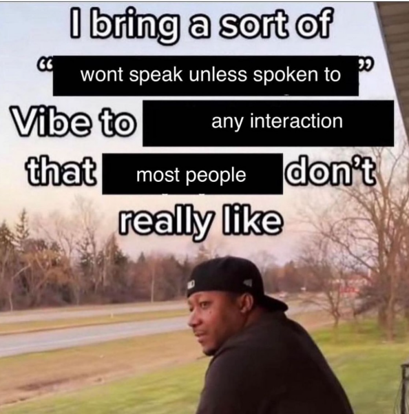 I bring a sort of wont speak unless spoken to Vibe to any interaction that most people don't really like