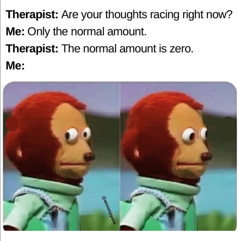 Therapist: Are your thoughts racing right now? Me: Only the normal amount. Therapist: The normal amount is zero. Me: @anxietygone