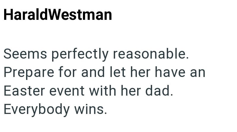 HaraldWestman Seems perfectly reasonable. Prepare for and let her have an Easter event with her dad. Everybody wins.