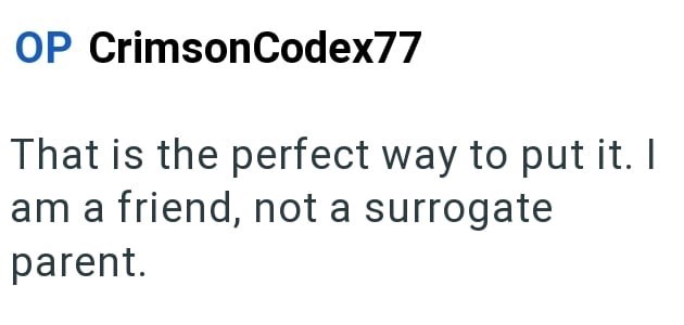 OP CrimsonCodex77 That is the perfect way to put it. I am a friend, not a surrogate parent.