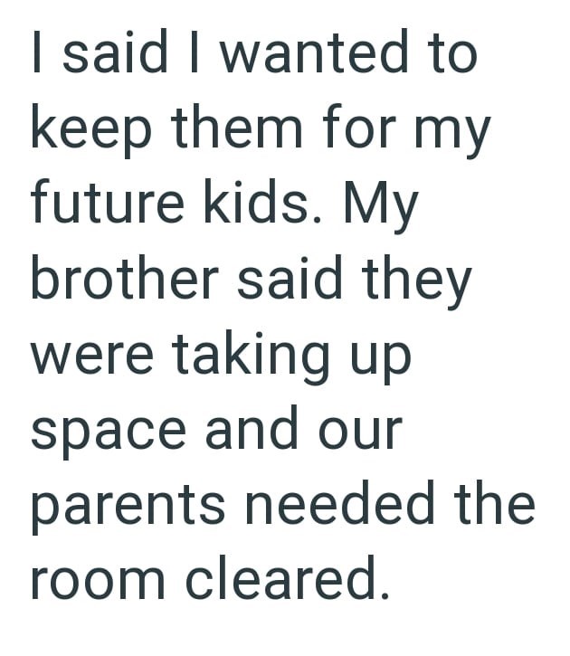 I said I wanted to keep them for my future kids. My brother said they were taking up space and our parents needed the room cleared.