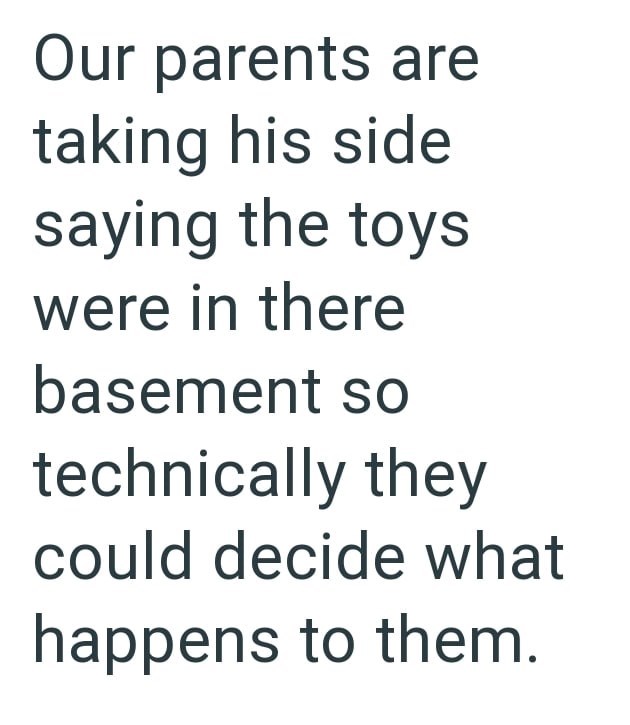 Our parents are taking his side saying the toys were in there basement so technically they could decide what happens to them.