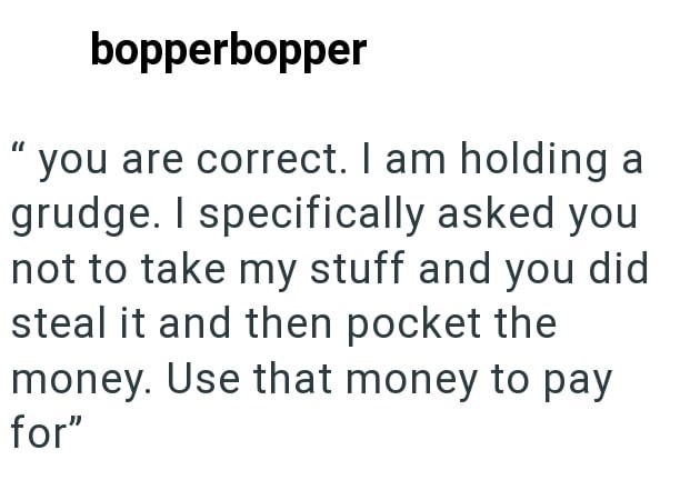 bopperbopper you are correct. I am holding a grudge. I specifically asked you not to take my stuff and you did steal it and then pocket the money. Use that money to pay for"