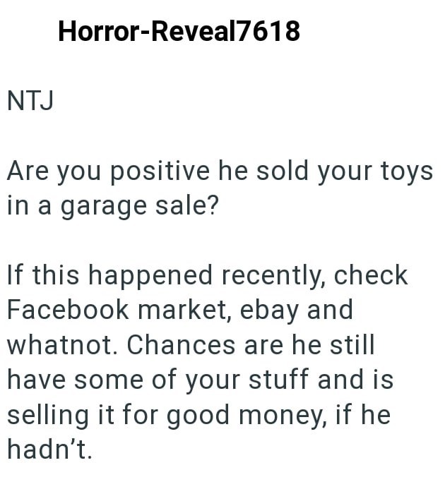 NTJ Horror-Reveal7618 Are you positive he sold your toys in a garage sale? If this happened recently, check Facebook market, ebay and whatnot. Chances are he still have some of your stuff and is selling it for good money, if he hadn't.