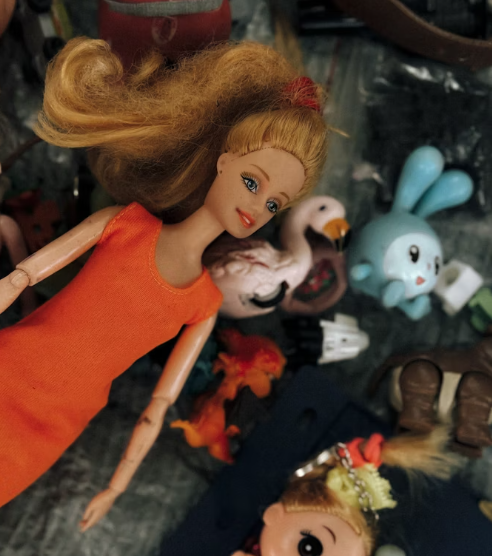 Girl toys scattered across the floor. Barbies and animals.