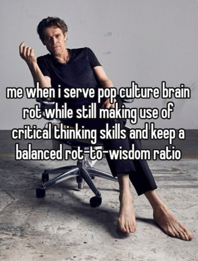 me when i serve pop culture brain rot while still making use of critical thinking skills and keep a balanced rot-to-wisdom ratio