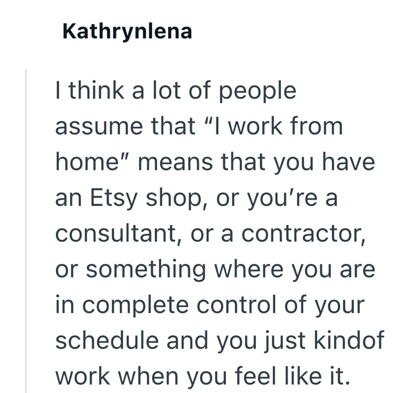 Kathrynlena I think a lot of people assume that "I work from home" means that you have an Etsy shop, or you're a consultant, or a contractor, or something where you are in complete control of your schedule and you just kindof work when you feel like it.