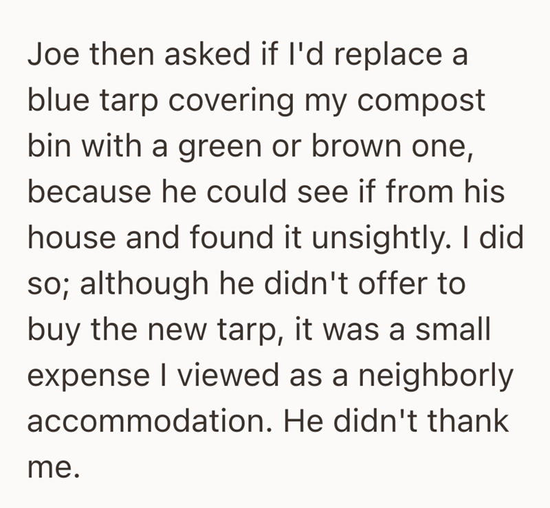 Joe then asked if I'd replace a blue tarp covering my compost bin with a green or brown one, because he could see if from his house and found it unsightly. I did so; although he didn't offer to buy the new tarp, it was a small expense I viewed as a neighborly accommodation. He didn't thank me.
