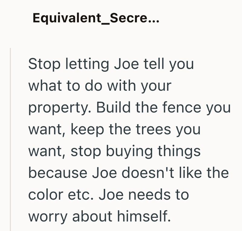 Equivalent_Secre... Stop letting Joe tell you what to do with your property. Build the fence you want, keep the trees you want, stop buying things. because Joe doesn't like the color etc. Joe needs to worry about himself.