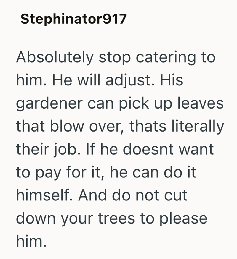 Stephinator917 Absolutely stop catering to him. He will adjust. His gardener can pick up leaves that blow over, thats literally their job. If he doesnt want to pay for it, he can do it himself. And do not cut down your trees to please him.