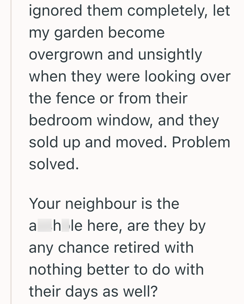 ignored them completely, let my garden become overgrown and unsightly when they were looking over the fence or from their bedroom window, and they sold up and moved. Problem solved. Your neighbour is the ah le here, are they by any chance retired with nothing better to do with their days as well?