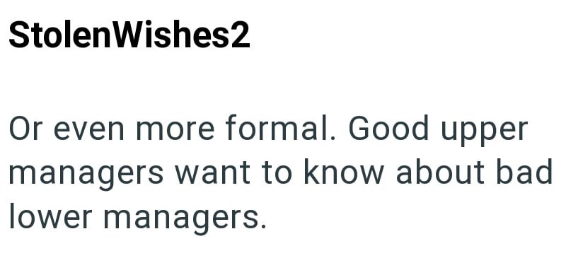 Stolen Wishes2 Or even more formal. Good upper managers want to know about bad lower managers.