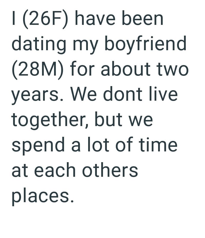 I (26F) have been dating my boyfriend (28M) for about two years. We dont live together, but we spend a lot of time at each others places.