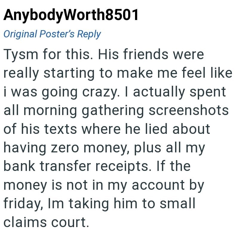 AnybodyWorth8501 Original Poster's Reply Tysm for this. His friends were really starting to make me feel like i was going crazy. I actually spent all morning gathering screenshots of his texts where he lied about having zero money, plus all my bank transfer receipts. If the money is not in my account by friday, Im taking him to small claims court.