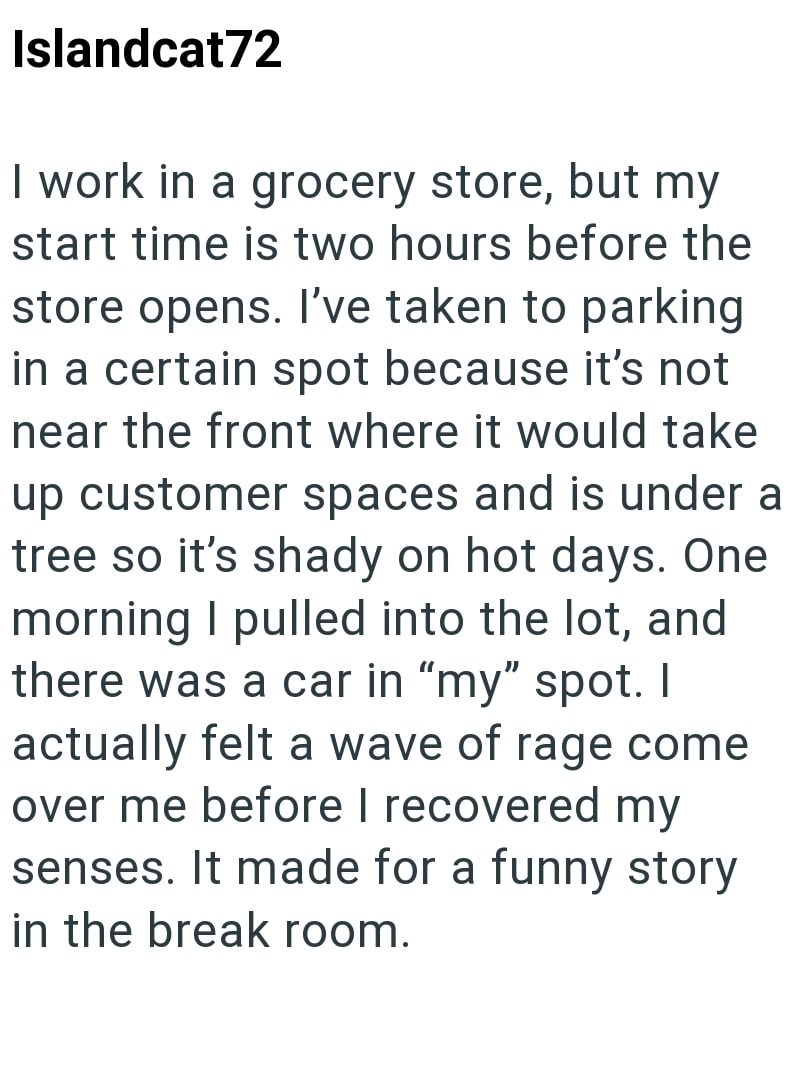Islandcat72 I work in a grocery store, but my start time is two hours before the store opens. I've taken to parking in a certain spot because it's not near the front where it would take up customer spaces and is under a tree so it's shady on hot days. One morning I pulled into the lot, and there was a car in "my" spot. I actually felt a wave of rage come over me before I recovered my senses. It made for a funny story in the break room.
