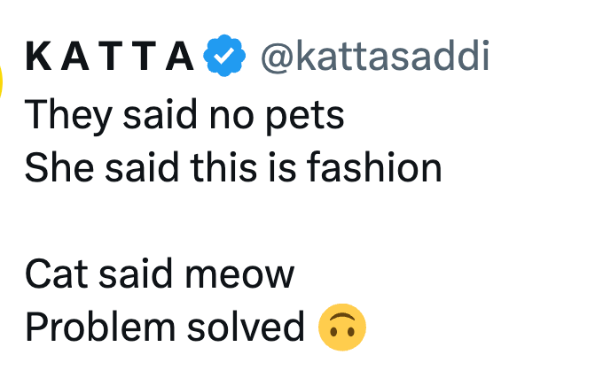 KATTA @kattasaddi They said no pets She said this is fashion Cat said meow Problem solved