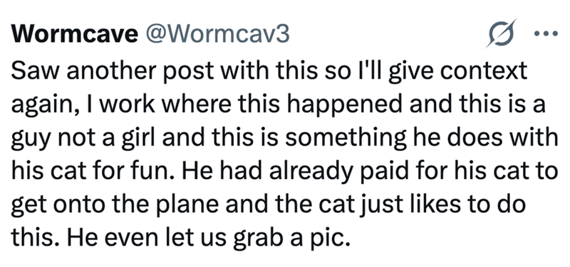 Wormcave @Wormcav3 Saw another post with this so I'll give context ... again, I work where this happened and this is a guy not a girl and this is something he does with his cat for fun. He had already paid for his cat to get onto the plane and the cat just likes to do this. He even let us grab a pic.