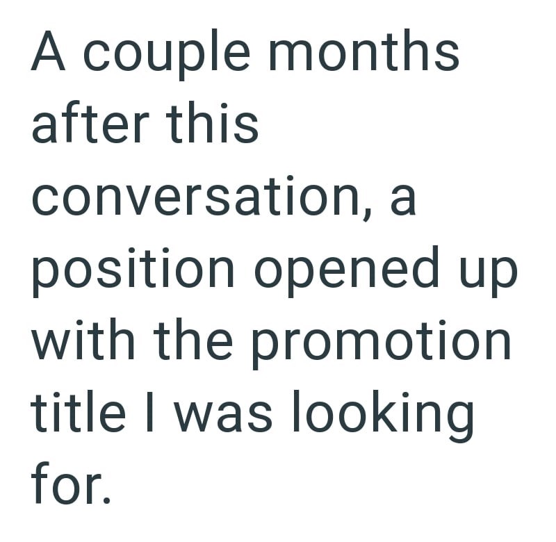 A couple months after this conversation, a position opened up with the promotion title I was looking for.