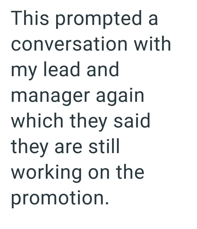 This prompted a conversation with my lead and manager again which they said they are still working on the promotion.