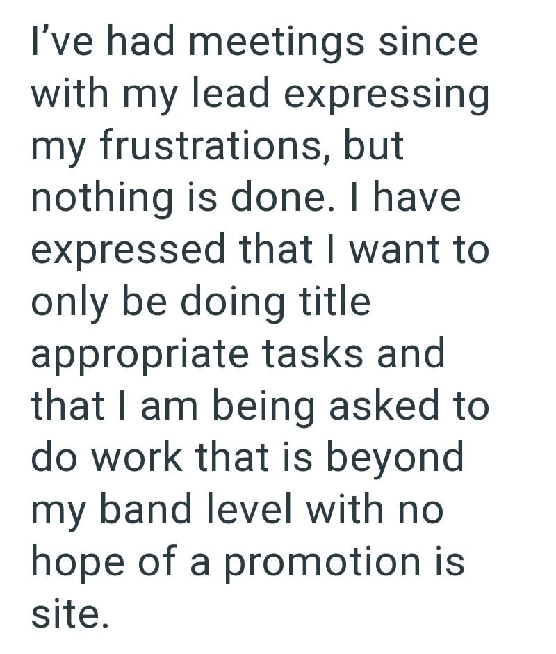 I've had meetings since with my lead expressing my frustrations, but nothing is done. I have expressed that I want to only be doing title appropriate tasks and that I am being asked to do work that is beyond my band level with no hope of a promotion is site.