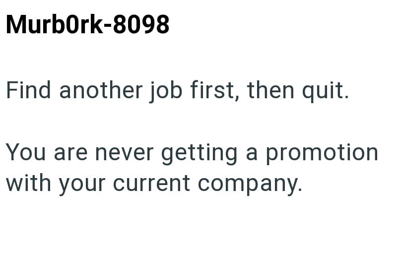 Murbork-8098 Find another job first, then quit. You are never getting a promotion with your current company.