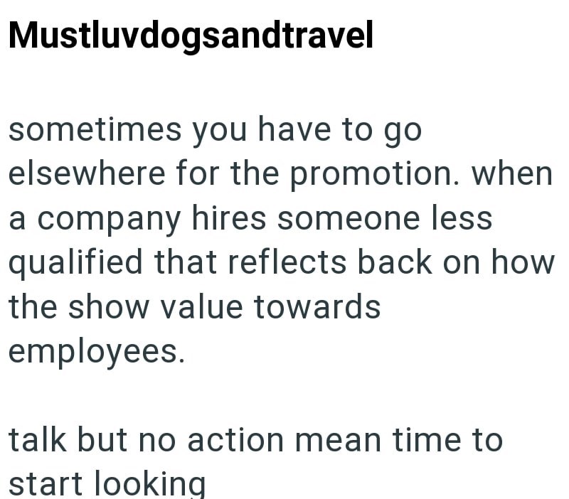 Mustluvdogsandtravel sometimes you have to go elsewhere for the promotion. when a company hires someone less qualified that reflects back on how the show value towards employees. talk but no action mean time to start looking