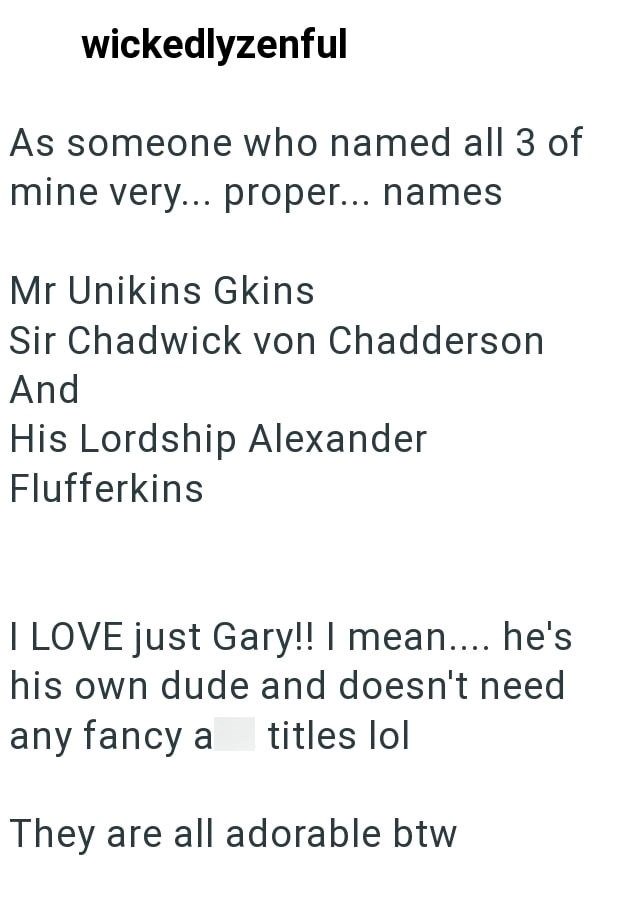 wickedlyzenful As someone who named all 3 of mine very... proper... names Mr Unikins Gkins Sir Chadwick von Chadderson And His Lordship Alexander Flufferkins I LOVE just Gary!! I mean.... he's his own dude and doesn't need any fancy a titles lol They are all adorable btw