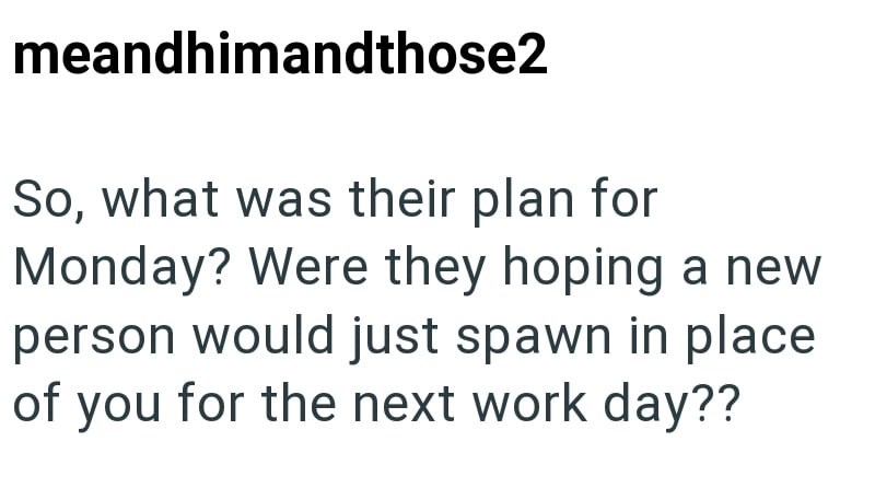 meandhimandthose2 So, what was their plan for Monday? Were they hoping a new person would just spawn in place of you for the next work day??