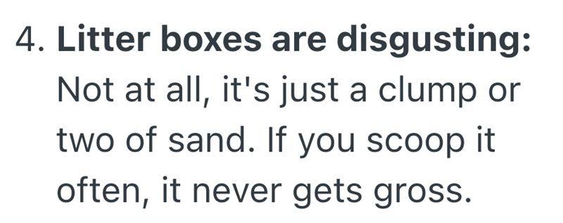 4. Litter boxes are disgusting: Not at all, it's just a clump or two of sand. If you scoop it. often, it never gets gross.