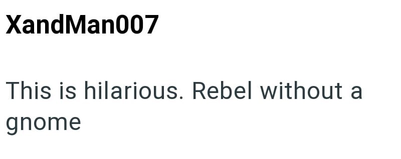 XandMan007 This is hilarious. Rebel without a gnome