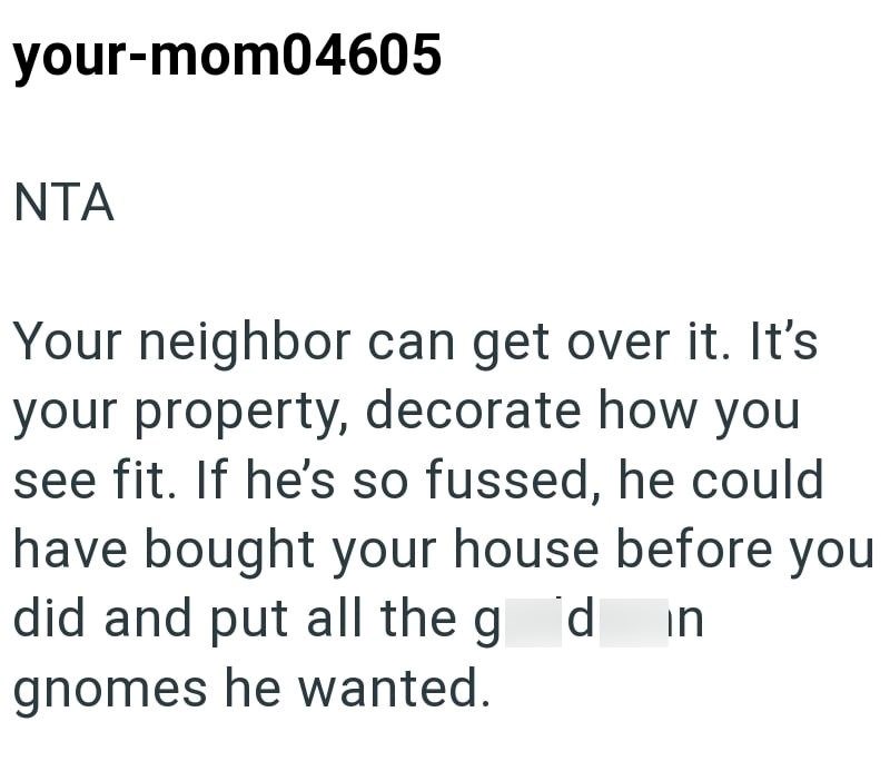 your-mom04605 NTA Your neighbor can get over it. It's your property, decorate how you see fit. If he's so fussed, he could have bought your house before you did and put all the g din gnomes he wanted.