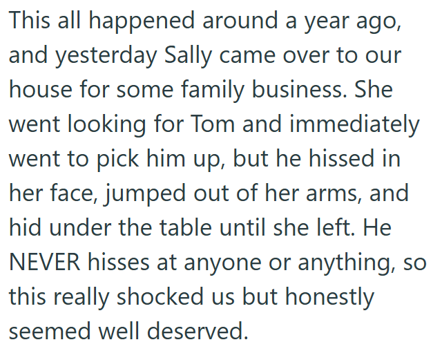 This all happened around a year ago, and yesterday Sally came over to our house for some family business. She went looking for Tom and immediately went to pick him up, but he hissed in her face, jumped out of her arms, and hid under the table until she left. He NEVER hisses at anyone or anything, so this really shocked us but honestly seemed well deserved.
