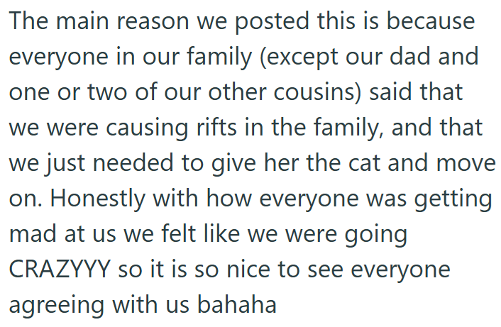The main reason we posted this is because everyone in our family (except our dad and one or two of our other cousins) said that we were causing rifts in the family, and that we just needed to give her the cat and move on. Honestly with how everyone was getting mad at us we felt like we were going CRAZYYY so it is so nice to see everyone agreeing with us bahaha