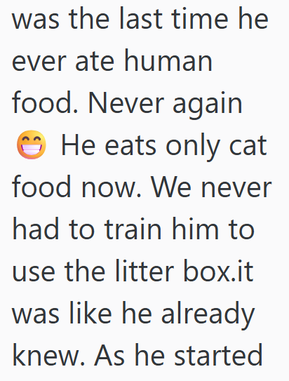 was the last time he ever ate human food. Never again He eats only cat food now. We never had to train him to use the litter box.it was like he already knew. As he started