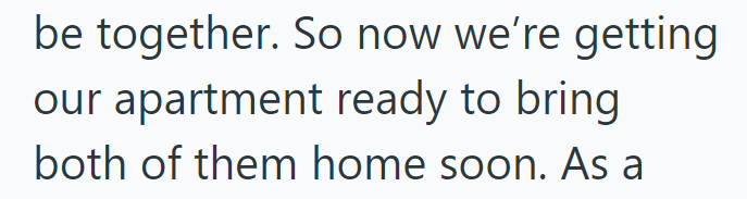 be together. So now we're getting our apartment ready to bring both of them home soon. As a