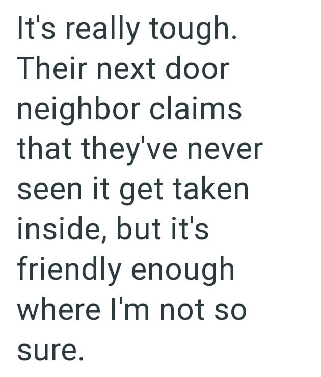 It's really tough. Their next door neighbor claims that they've never seen it get taken inside, but it's friendly enough where I'm not so sure.