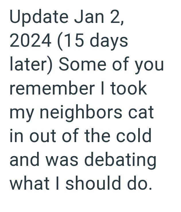 Update Jan 2, 2024 (15 days later) Some of you remember I took my neighbors cat in out of the cold and was debating what I should do.