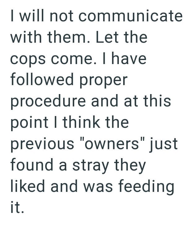 I will not communicate with them. Let the cops come. I have followed proper procedure and at this point I think the previous "owners" just found a stray they liked and was feeding it.
