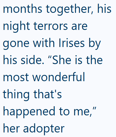 months together, his night terrors are gone with Irises by his side. "She is the most wonderful thing that's happened to me," her adopter